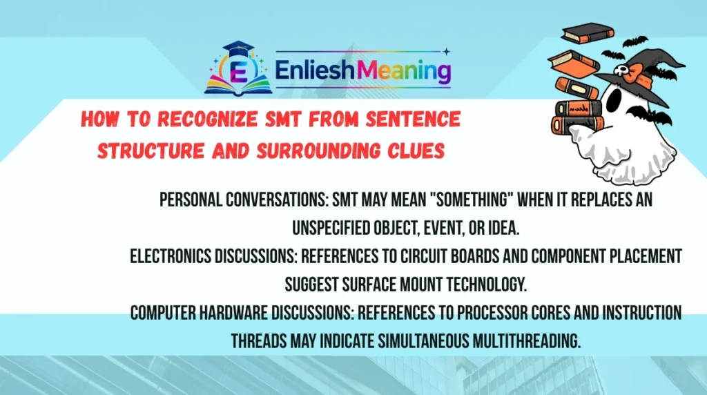 Personal conversations: SMT may mean "something" when it replaces an unspecified object, event, or idea.Electronics discussions: References to circuit boards and component placement suggest Surface Mount Technology.Computer hardware discussions: References to processor cores and instruction threads may indicate Simultaneous Multithreading.